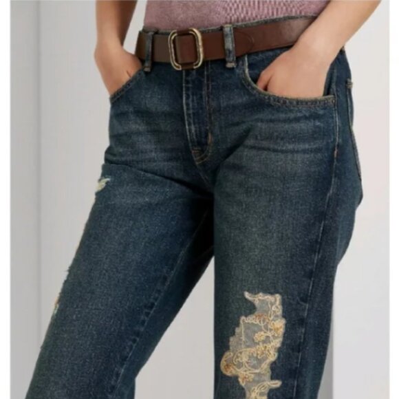 LAUREN RALPH LAUREN Lace Patchwork Relaxed Tapered Cropped Jeans--NWT--10P - Picture 5 of 16